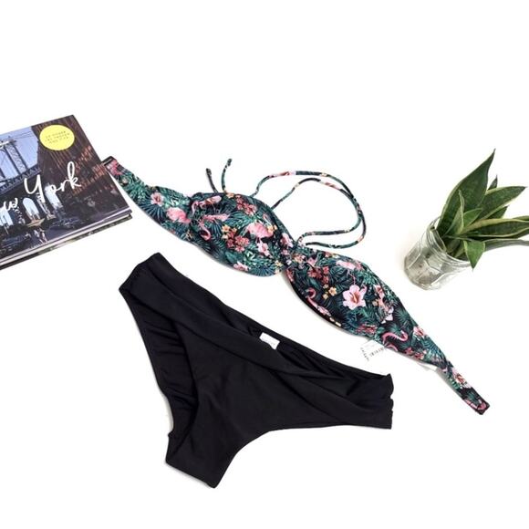 LEFTIES NWT Tropical Floral Bandeau Top Black Bikini bottom M - Picture 4 of 6